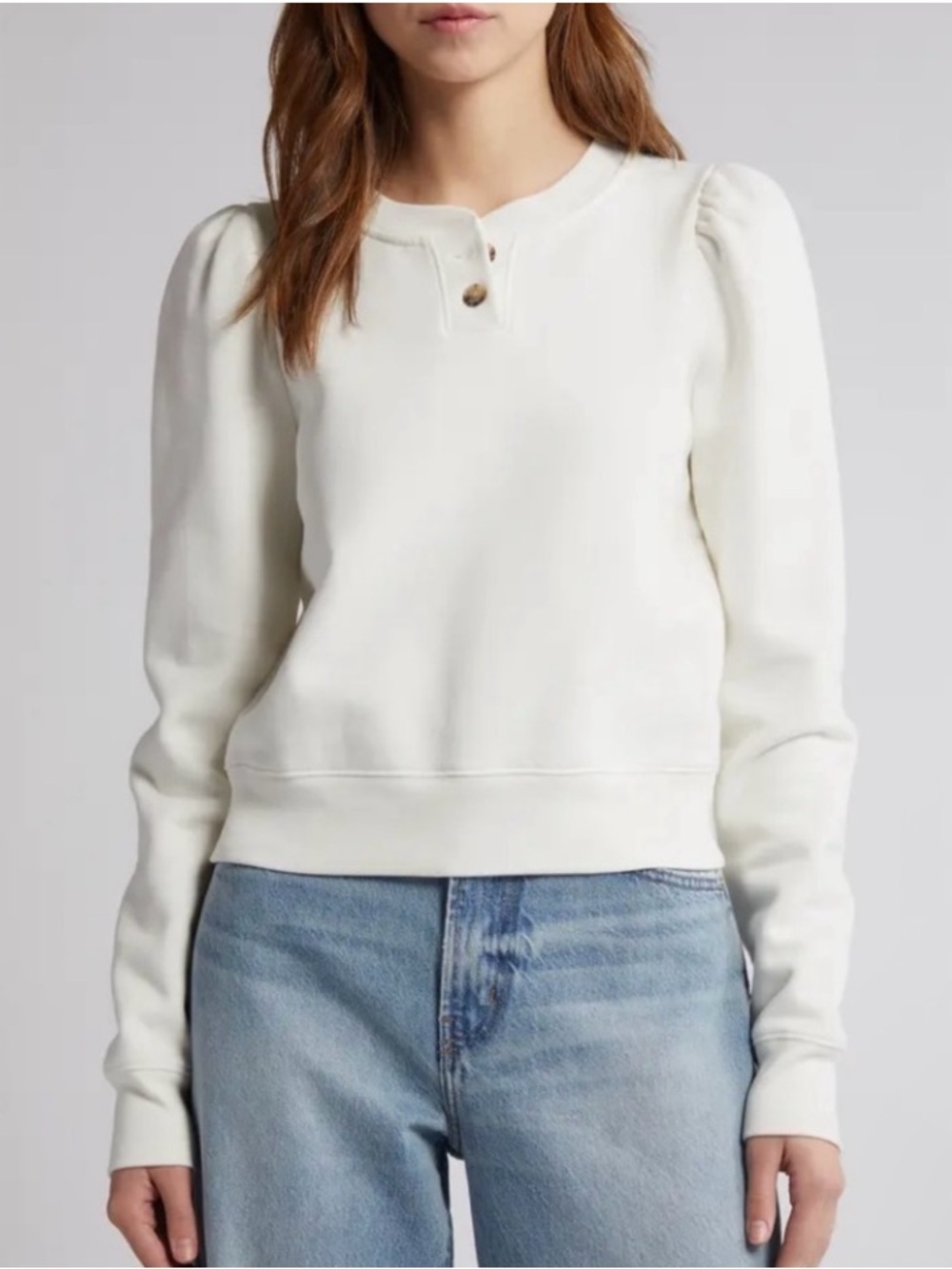 FRAME Femme Cotton
Blend Henley Sweatshirt White Puff Sleeve Size XXS